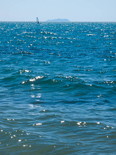Windsurfista al largo di Tirrenia con un'isola sullo sfondo